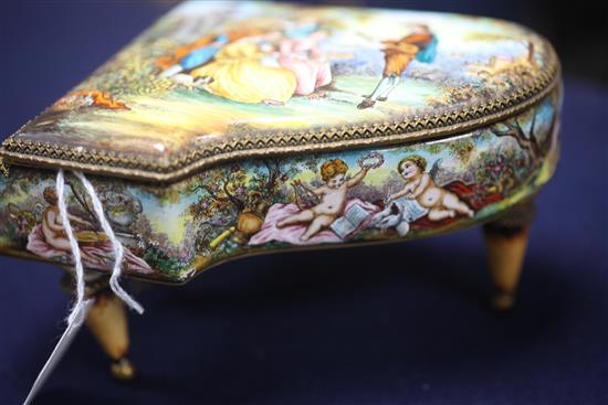 Two 20th century Viennese enamel musical boxes, in the form of a piano and a cello with stand, 6.5in. & 11.5in.